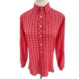 Vintage 70s Red Plaid Cotton Button Up Long Sleeve Collared Blouse Unisex Size S